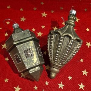 VINTAGE CHRISTMAS ORNAMENTS, 2, 5.5" Long, Green & Silver.